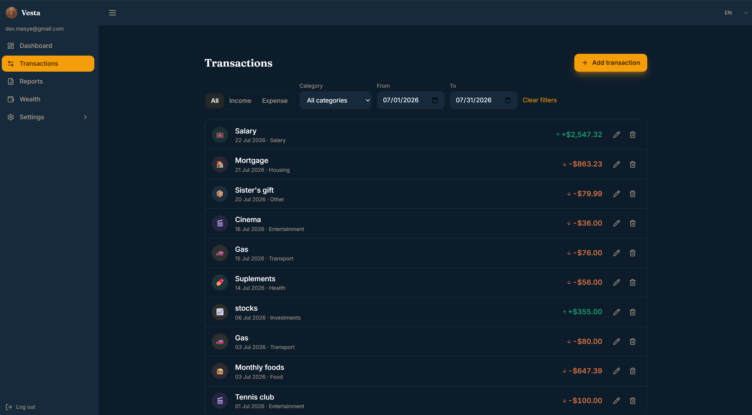 Vesta transaction list with categorized income and expenses