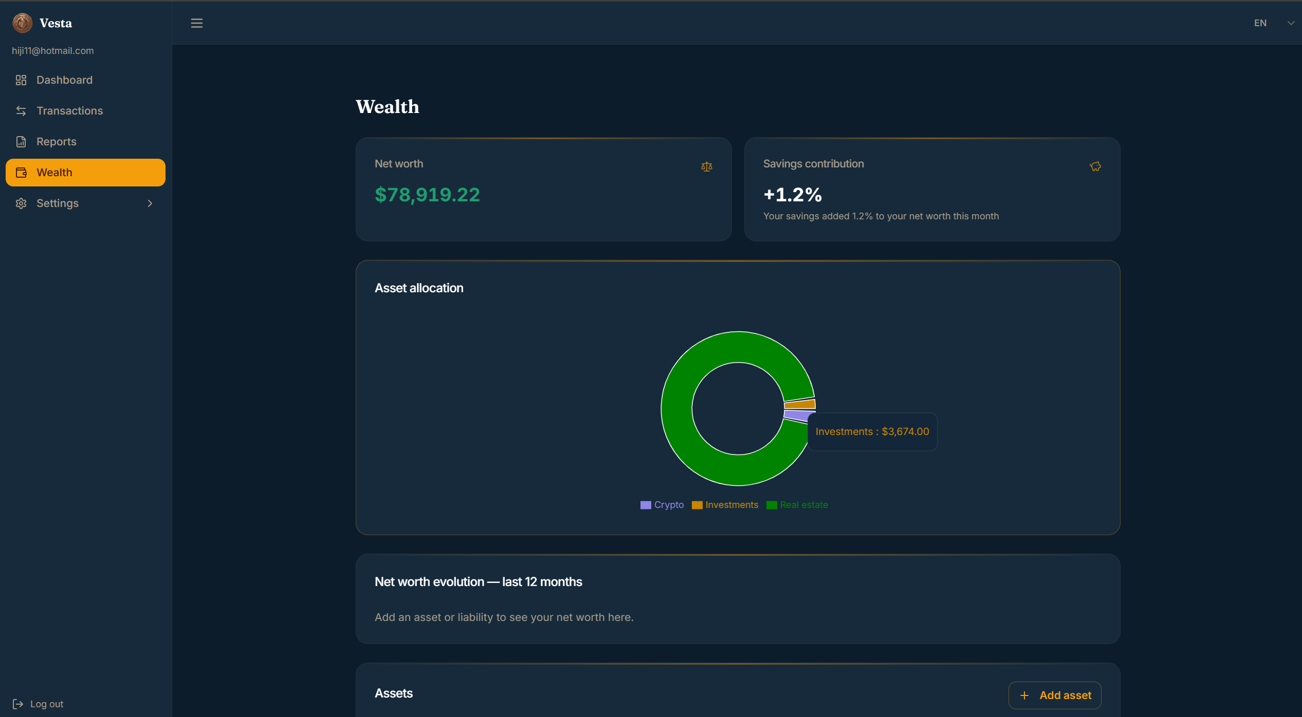 Vesta net worth tracker with manually added investments and crypto